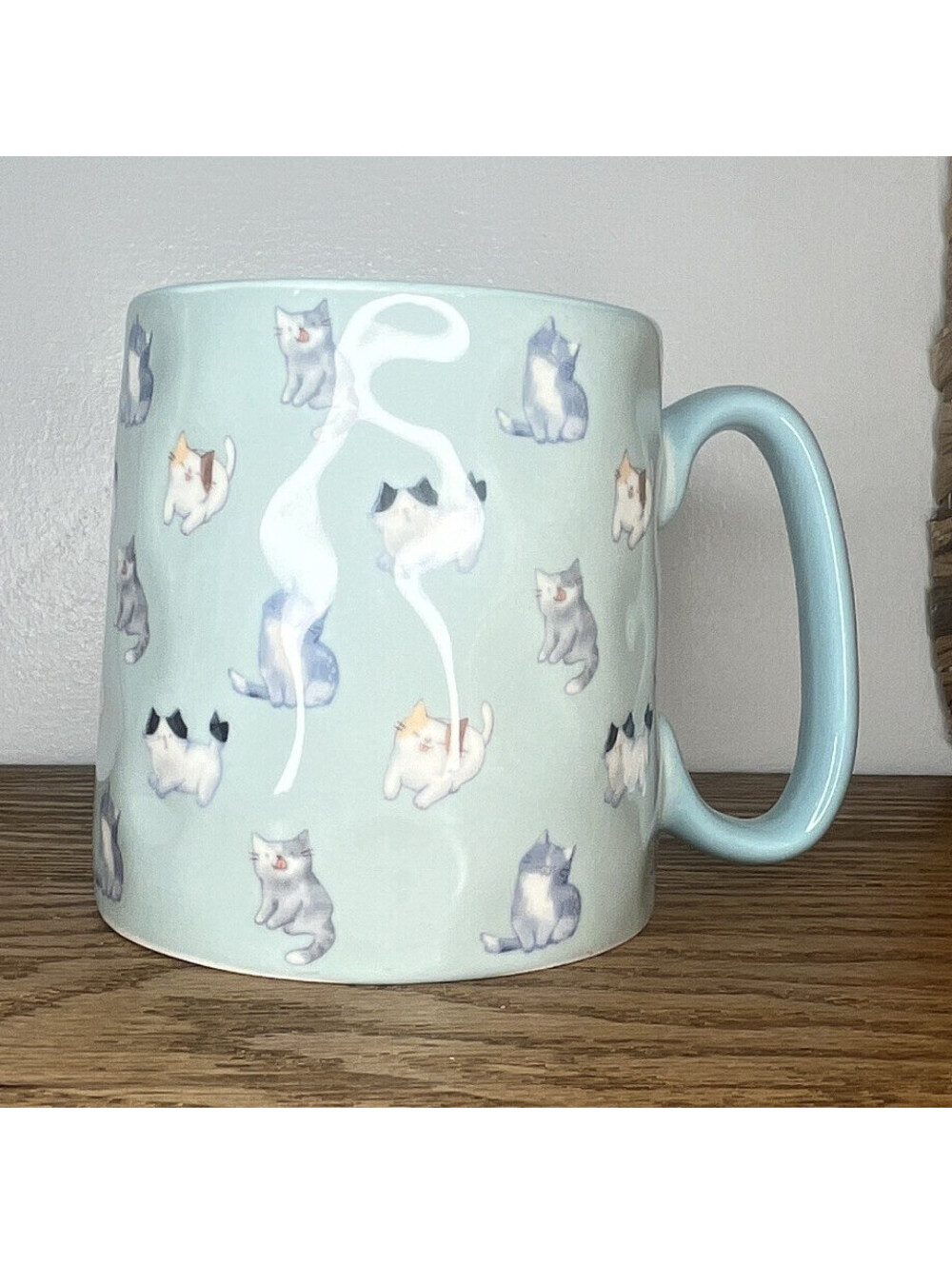 10 Strawberry Street Blue Cat Print Ceramic Mug with Light Blue Handle